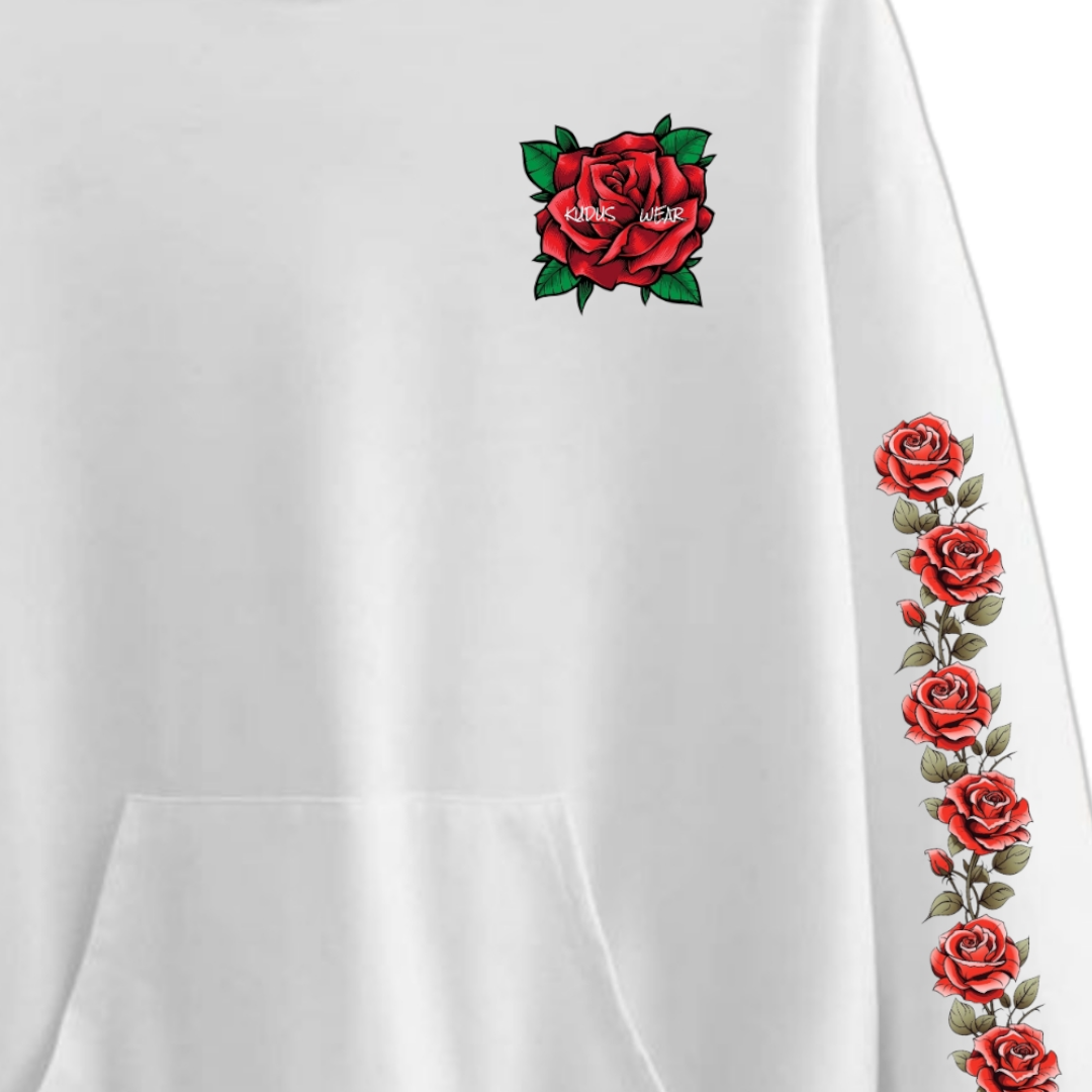White hoodie with roses on sleeves mens sale