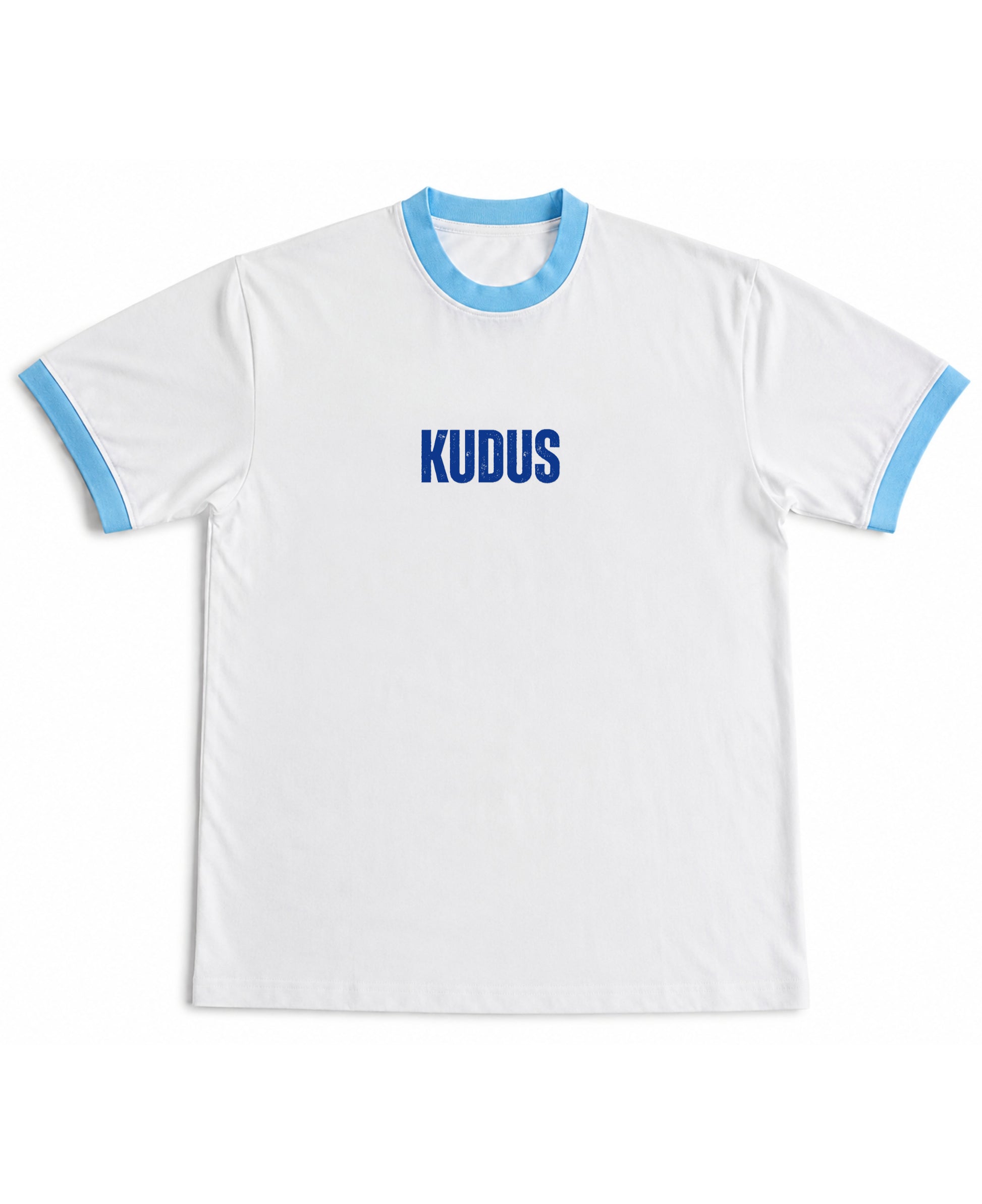 White & Sky Blue Ringer tee Front Design