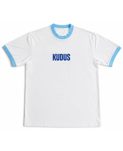 White & Sky Blue Ringer tee Front Design