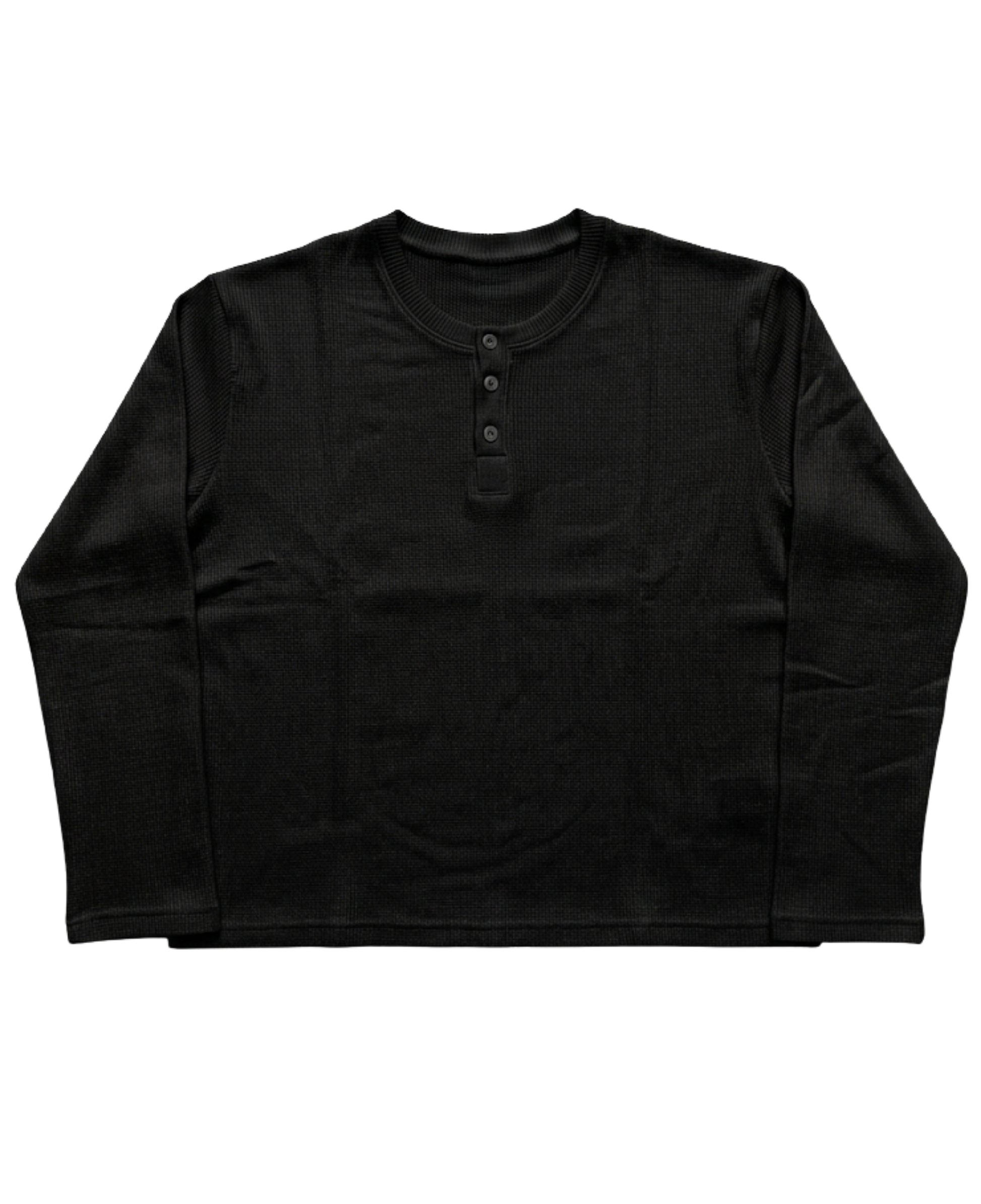 Black Henley waffle knit Front Design
