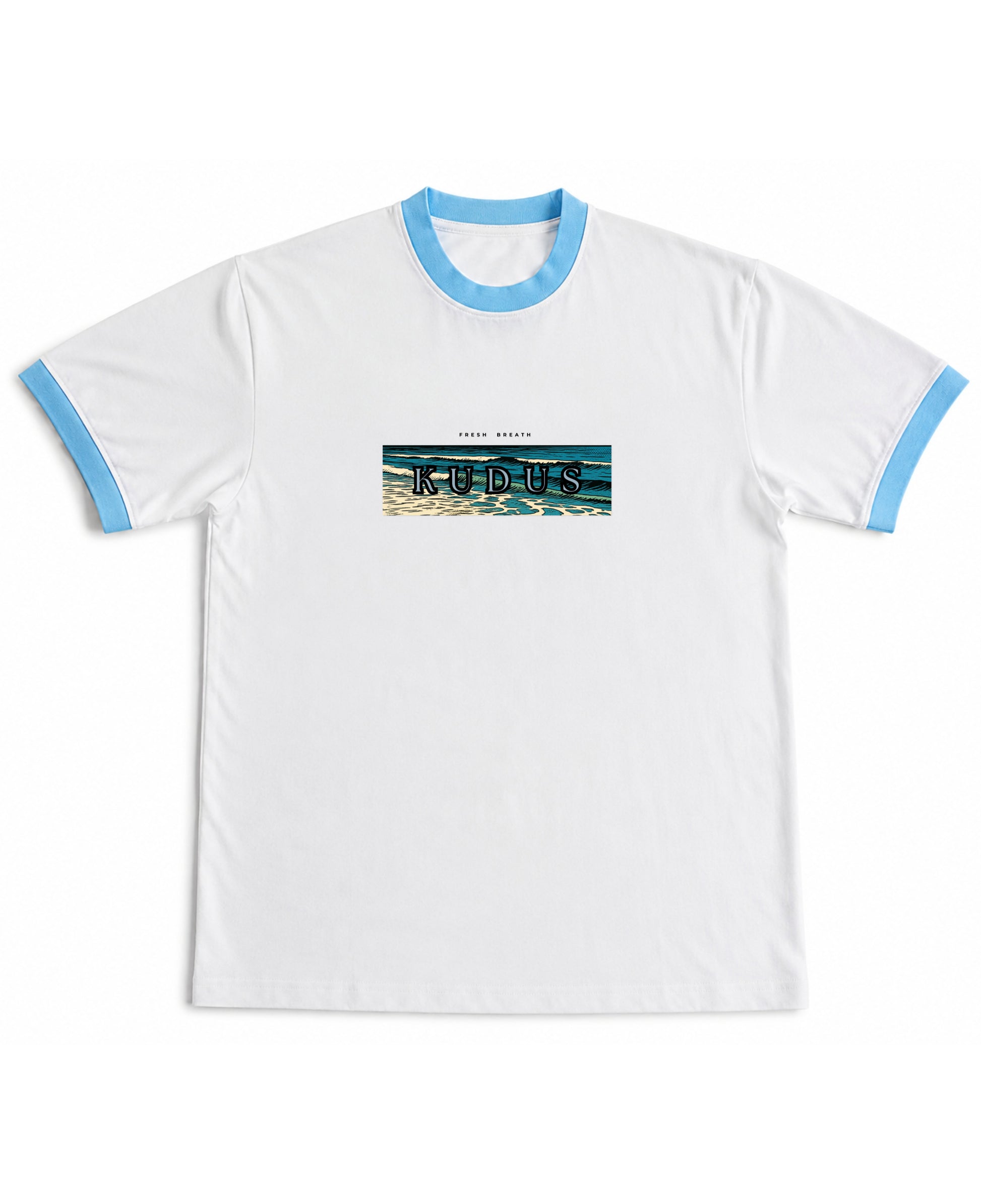 White & Sky Blue Ringer tee Front Design