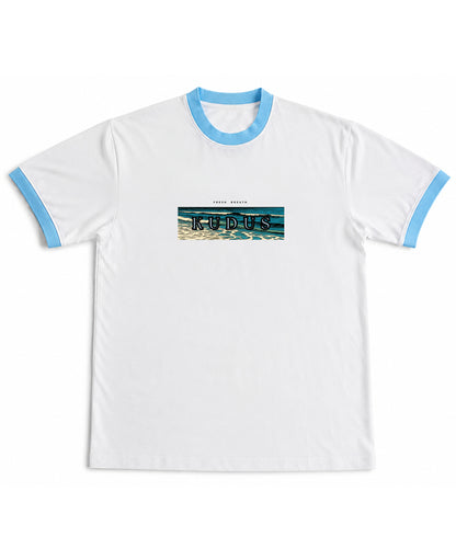 White & Sky Blue Ringer tee Front Design