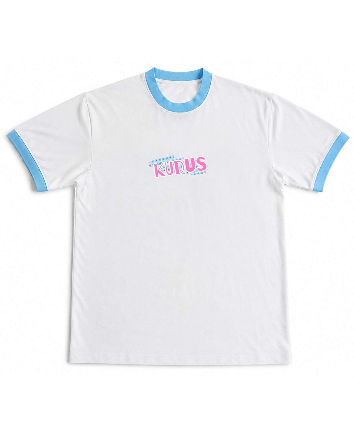 White & Sky Blue Ringer tee Front Design