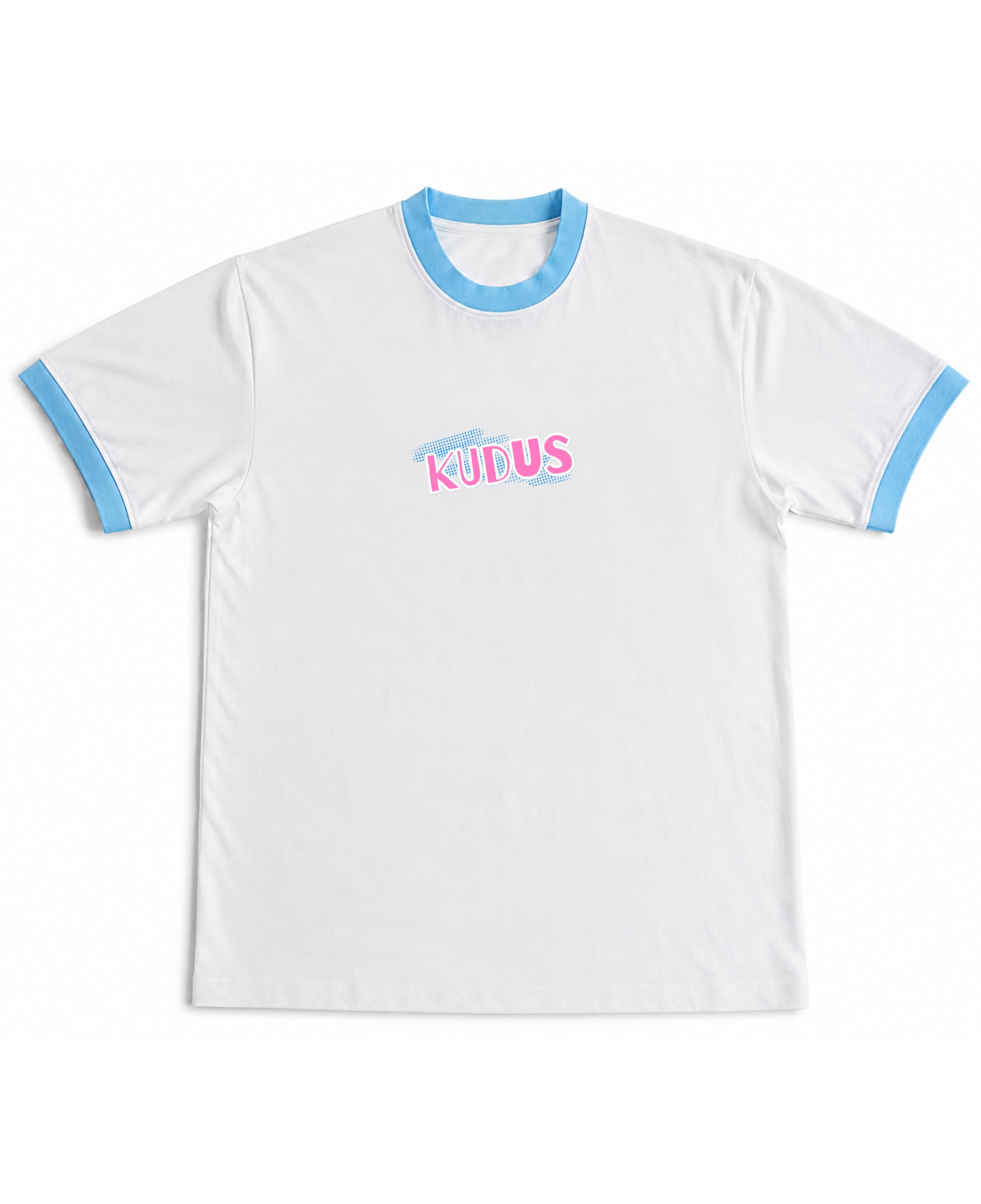 White & Sky Blue Ringer tee Front Design