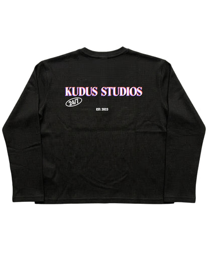 Black Henley waffle knit Back Design