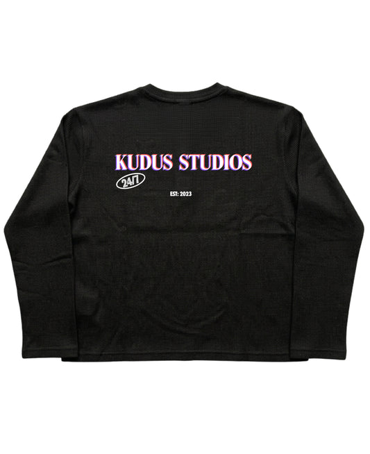 Black Henley waffle knit Back Design