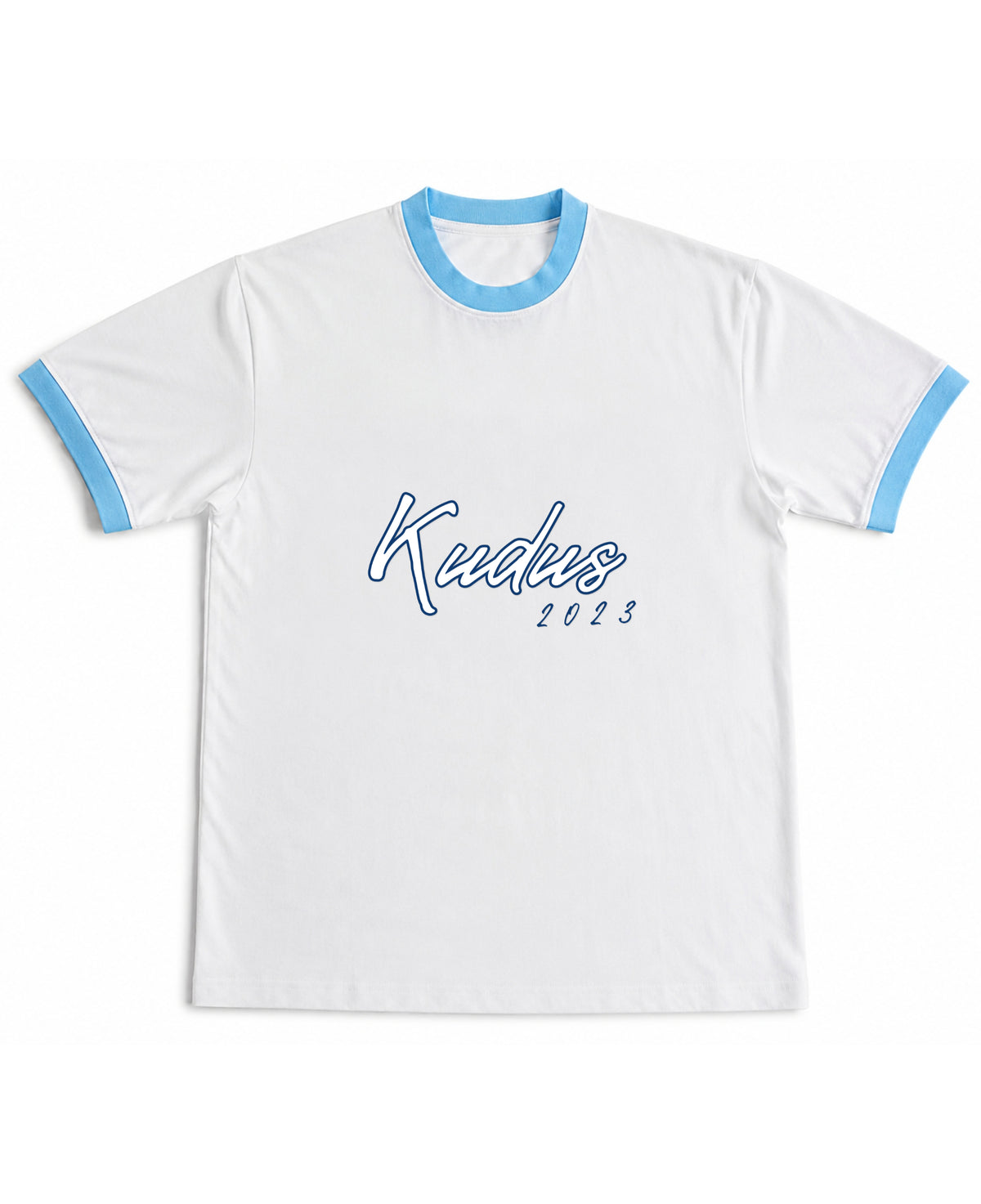 White & Sky Blue Ringer tee Front Design