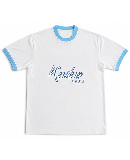 White & Sky Blue Ringer tee Front Design