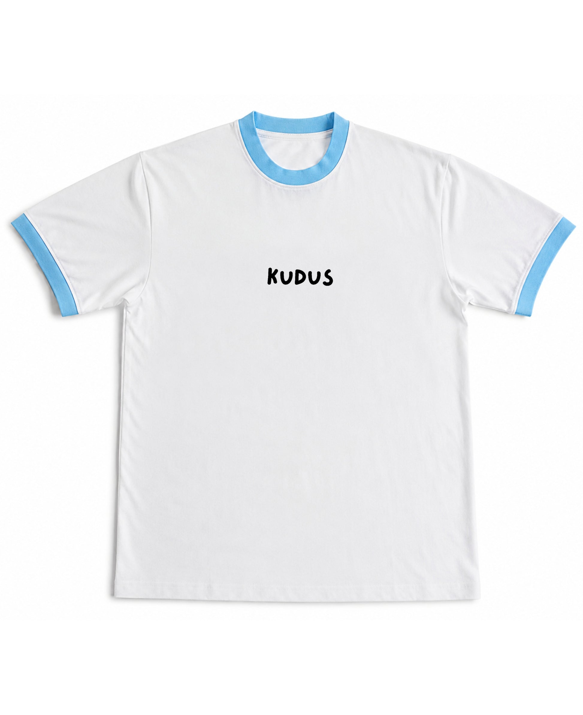 White & Sky Blue Ringer tee Front Design