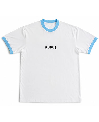 White & Sky Blue Ringer tee Front Design