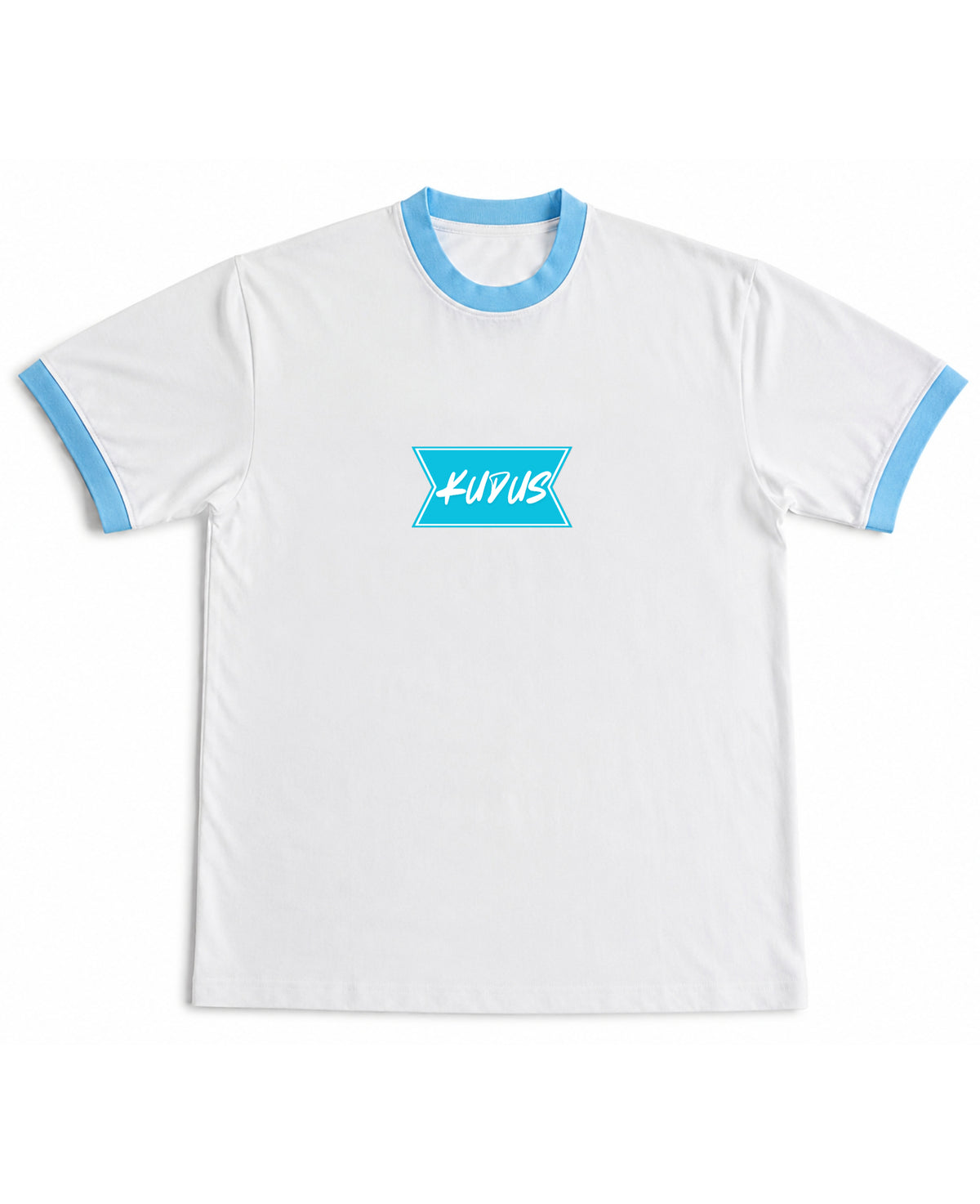 White & Sky Blue Ringer tee Front Design