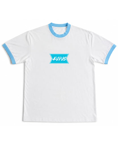 White & Sky Blue Ringer tee Front Design