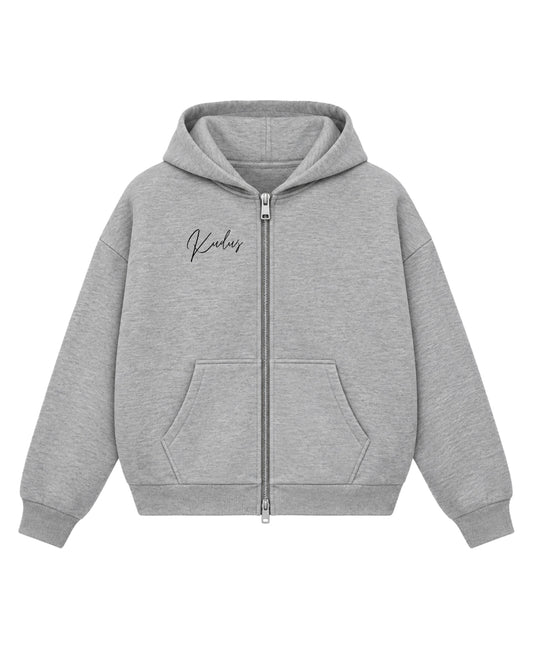 Grey Boxy Double Zipped Hoodie Front Design