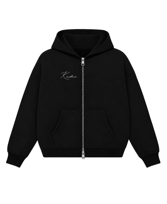 Black Boxy Double Zipped Hoodie  Front Design